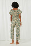 HY5754 Taupe Womens Tropical Leaf Print Smocked Puff Sleeve Jumpsuit Back