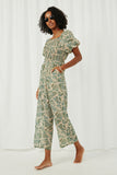 HY5754 Taupe Womens Tropical Leaf Print Smocked Puff Sleeve Jumpsuit Side