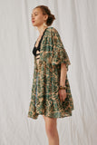 HY5756 Taupe Womens Botanical Print Ruffled Bell Sleeve Open Kimono Side