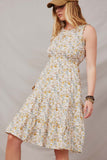 HY5832 Ivory Womens Antique Floral Smocked Waist Tank Midi Dress Front