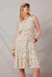 HY5832 Ivory Womens Antique Floral Smocked Waist Tank Midi Dress Front 2