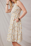 HY5832 Ivory Womens Antique Floral Smocked Waist Tank Midi Dress Side