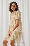 HY5838 Yellow Womens Textured Lurex Antique Floral Ruffled Mini Dress Pose