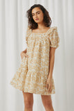 HY5838 Yellow Womens Textured Lurex Antique Floral Ruffled Mini Dress Front