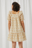 HY5838 Yellow Womens Textured Lurex Antique Floral Ruffled Mini Dress Back