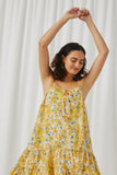 HY5895 Yellow Womens Tie Front Tiered Floral Mini Tank Dress Pose