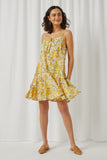 HY5895 Yellow Womens Tie Front Tiered Floral Mini Tank Dress Full Body