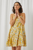 HY5895 Yellow Womens Tie Front Tiered Floral Mini Tank Dress Front