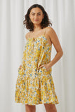 HY5895 Yellow Womens Tie Front Tiered Floral Mini Tank Dress Front 2
