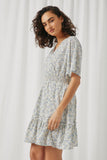 HY5915 Off White Womens Ditsy Floral Smocked Waist Surplice Mini Dress Side