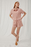 HY5963 Mauve Womens Textured Gingham Cropped Collared Button Up Shirt Full Body