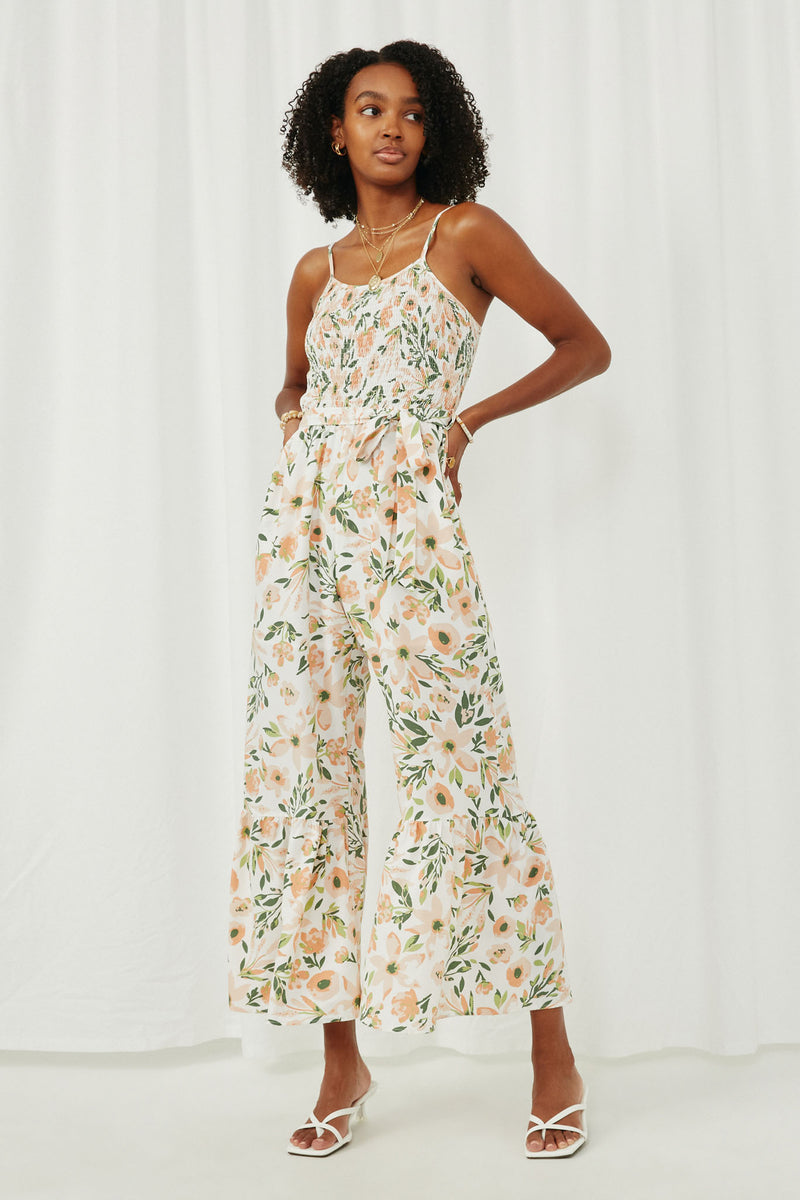 HY5965 Off White Womens Floral Print Belted Ruffled Wideleg Smocked Jumpsuit Full Body