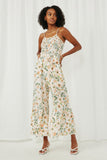 HY5965 Off White Womens Floral Print Belted Ruffled Wideleg Smocked Jumpsuit Full Body