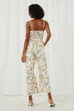 HY5965 Off White Womens Floral Print Belted Ruffled Wideleg Smocked Jumpsuit Back