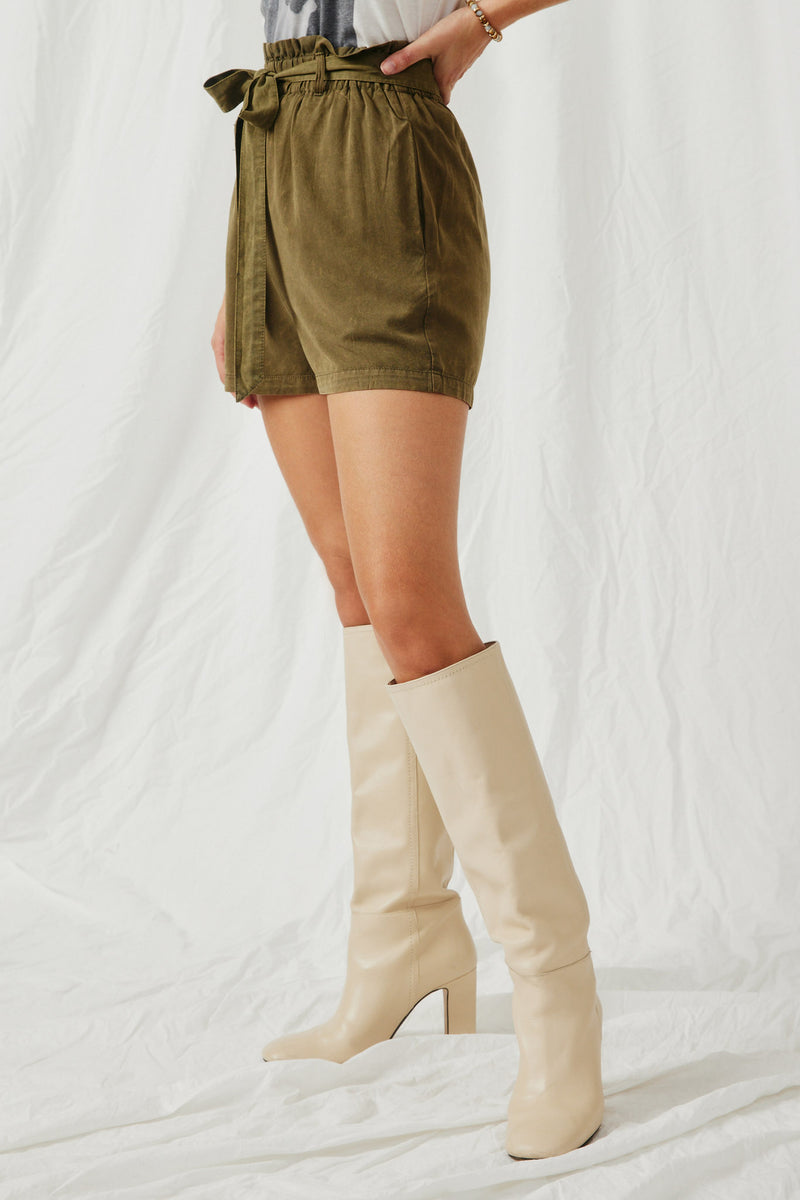 HY5973 Olive Womens Garment Dyed Tencel Paperbag Shorts Side