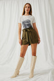 HY5973 Olive Womens Garment Dyed Tencel Paperbag Shorts Full Body