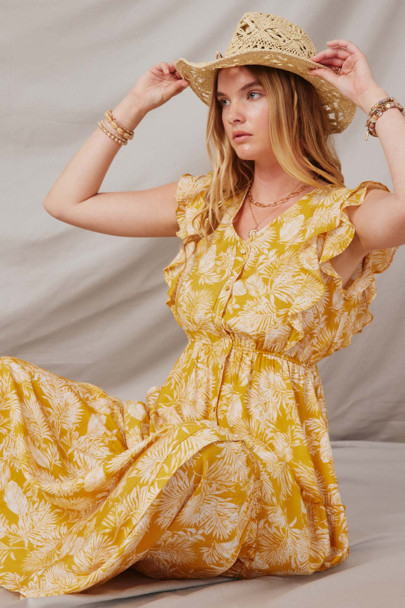 HY5974 Yellow Womens Botanical Print Button Detail Ruffled Tank Maxi Pose