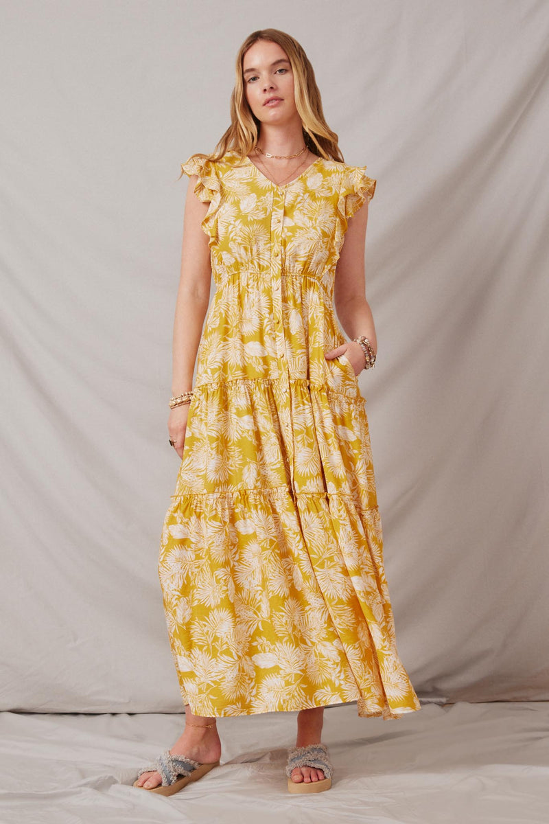 HY5974 Yellow Womens Botanical Print Button Detail Ruffled Tank Maxi Full Body