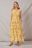 HY5974 Yellow Womens Botanical Print Button Detail Ruffled Tank Maxi Full Body