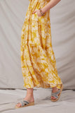 HY5974 Yellow Womens Botanical Print Button Detail Ruffled Tank Maxi Side