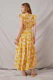 HY5974 Yellow Womens Botanical Print Button Detail Ruffled Tank Maxi Back