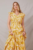 HY5974 Yellow Womens Botanical Print Button Detail Ruffled Tank Maxi Front