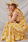 HY5974 Yellow Womens Botanical Print Button Detail Ruffled Tank Maxi Pose 2