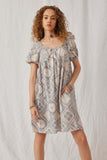 HY5976 Oatmeal Womens Textured Antique Quilt Print Puff Sleeve Dress Front