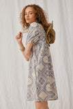 HY5976 Oatmeal Womens Textured Antique Quilt Print Puff Sleeve Dress Side