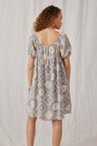 HY5976 Oatmeal Womens Textured Antique Quilt Print Puff Sleeve Dress Back