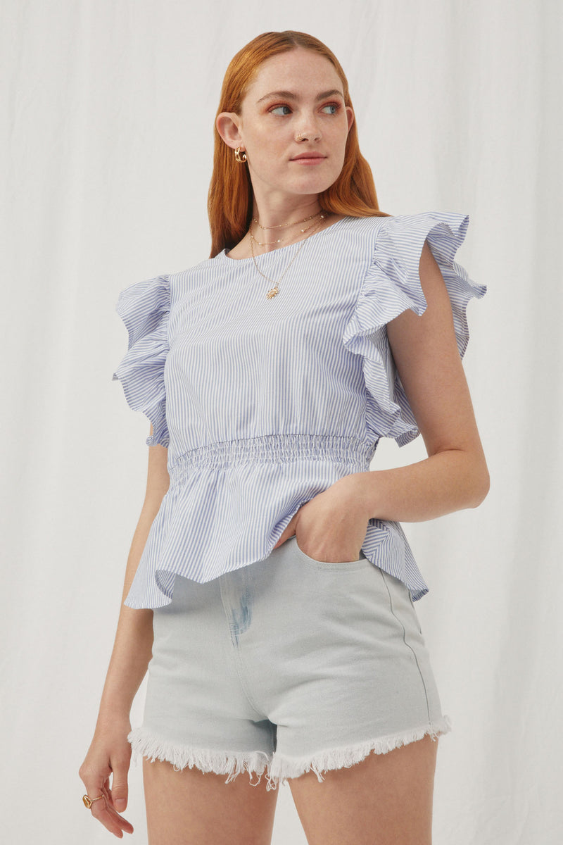 HY5985 Blue Womens Smocked Waist Exaggerated Ruffle Smocked Tank Alternate Angle