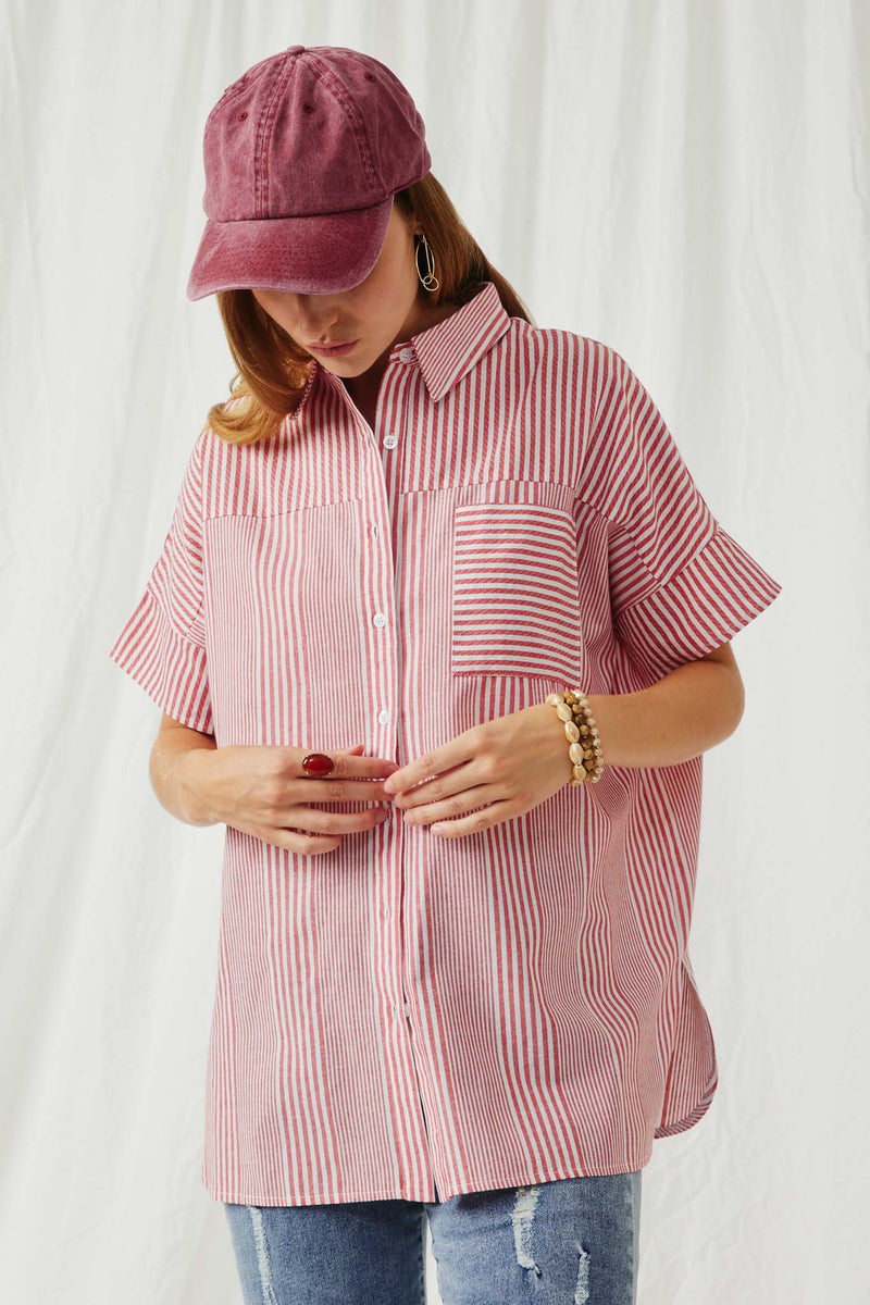 HY5998 Red Womens Contrast Stripe Pocket Oversized Short Sleeve Shirt Front