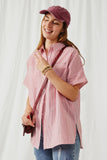 HY5998 Red Womens Contrast Stripe Pocket Oversized Short Sleeve Shirt Pose