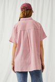 HY5998 Red Womens Contrast Stripe Pocket Oversized Short Sleeve Shirt Back