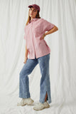 HY5998 Red Womens Contrast Stripe Pocket Oversized Short Sleeve Shirt Full Body