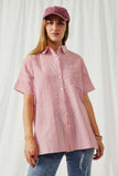 HY5998 Red Womens Contrast Stripe Pocket Oversized Short Sleeve Shirt Front 2