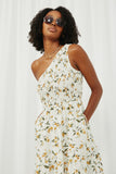 HY6005 Ivory Womens Floral Smocked One Shoulder Dress Front