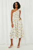 HY6005 Ivory Womens Floral Smocked One Shoulder Dress Full Body