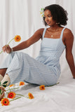 HY6006 Light Blue Womens Pinstripe Back Cutout Sleeveless Jumpsuit Pose