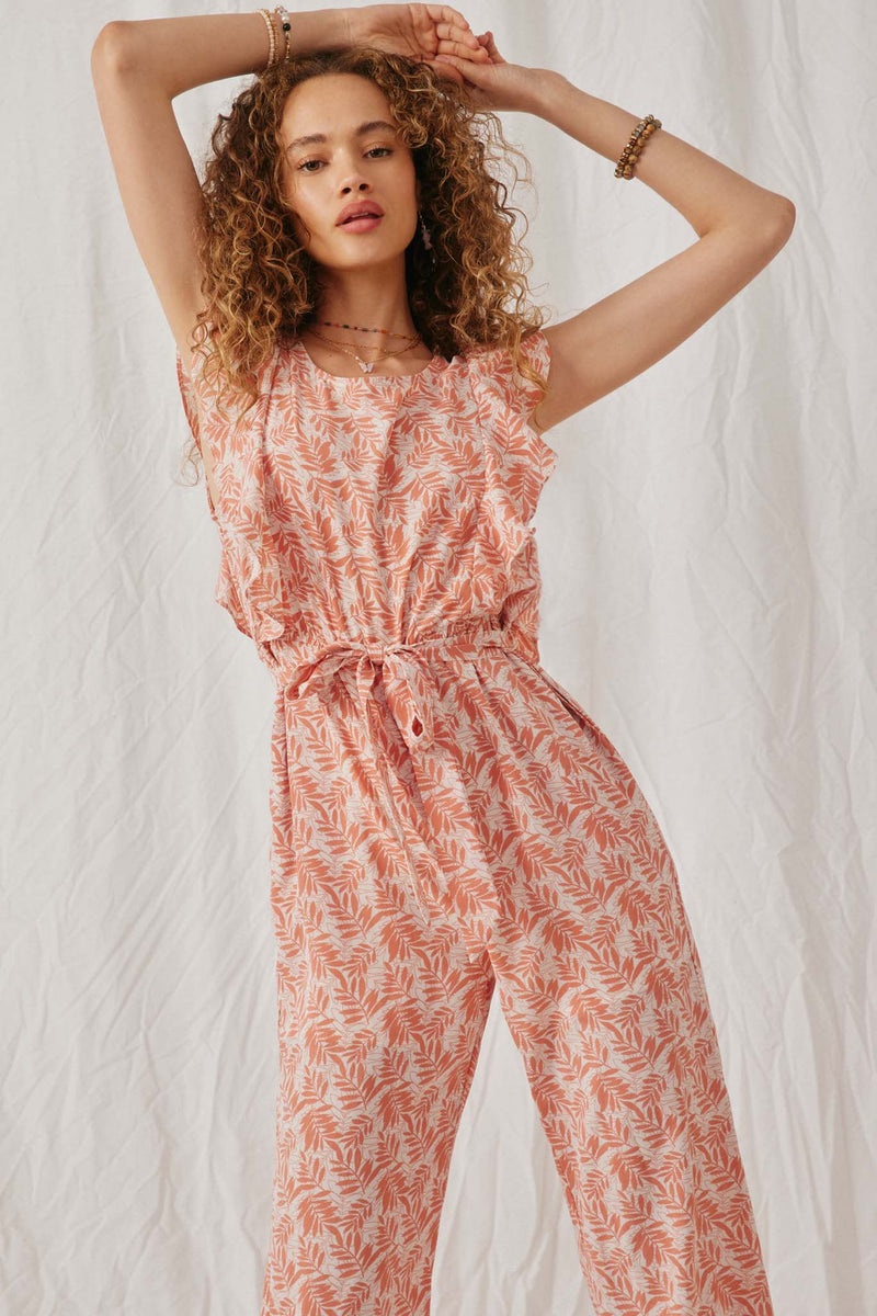 HY6020 Pink Womens Botanical Print Ruffled Wideleg Jumpsuit Front