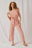 HY6020 Pink Womens Botanical Print Ruffled Wideleg Jumpsuit Full Body