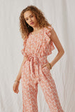 HY6020 Pink Womens Botanical Print Ruffled Wideleg Jumpsuit Front 2