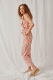 HY6020 Pink Womens Botanical Print Ruffled Wideleg Jumpsuit Side