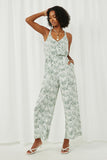 HY6022 Green Womens Painted Botanical Print Halter Neck Jumpsuit Full Body 2