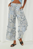 HY6026 Blue Womens Ruffle Detail Paisley Quilt Print Wideleg Pants Front