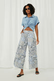 HY6026 Blue Womens Ruffle Detail Paisley Quilt Print Wideleg Pants Full Body