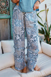 HY6026 Blue Womens Ruffle Detail Paisley Quilt Print Wideleg Pants Editorial