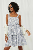 HY6038 Blue Womens Botanical Print Tiered Tie Shoulder Dress Pose