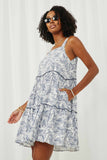 HY6038 Blue Womens Botanical Print Tiered Tie Shoulder Dress Side