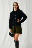 HY6085 Black Womens Fuzzy Popcorn Knit Button Up Collared Sweater Cardigan Pose
